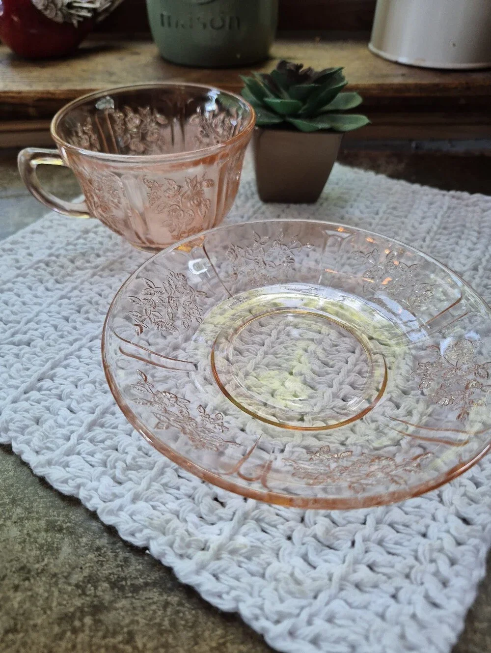 2pc. Vintage FEDERAL GLASS SHARON CABBAGE ROSE PINK TEA CUP & SAUCER Set